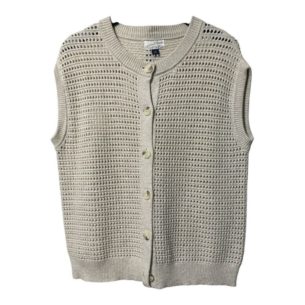 Women's Open Knit Button Front Sweater Vest Oatmeal Sleeveless Cardigan Size XS